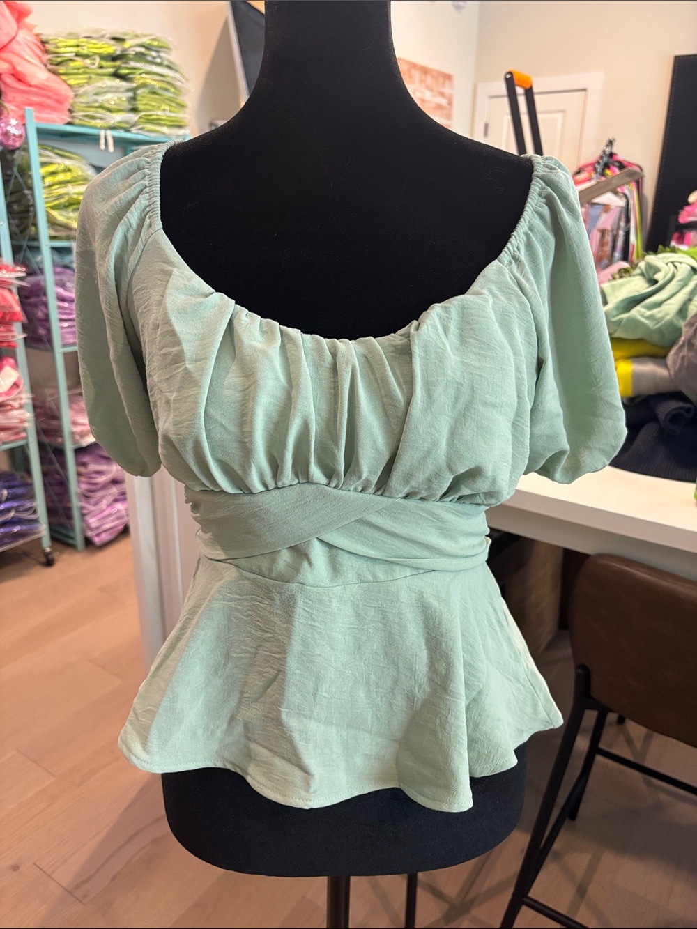 Altar'd State Mint Green Ruched Puff Sleeve Peplum Top